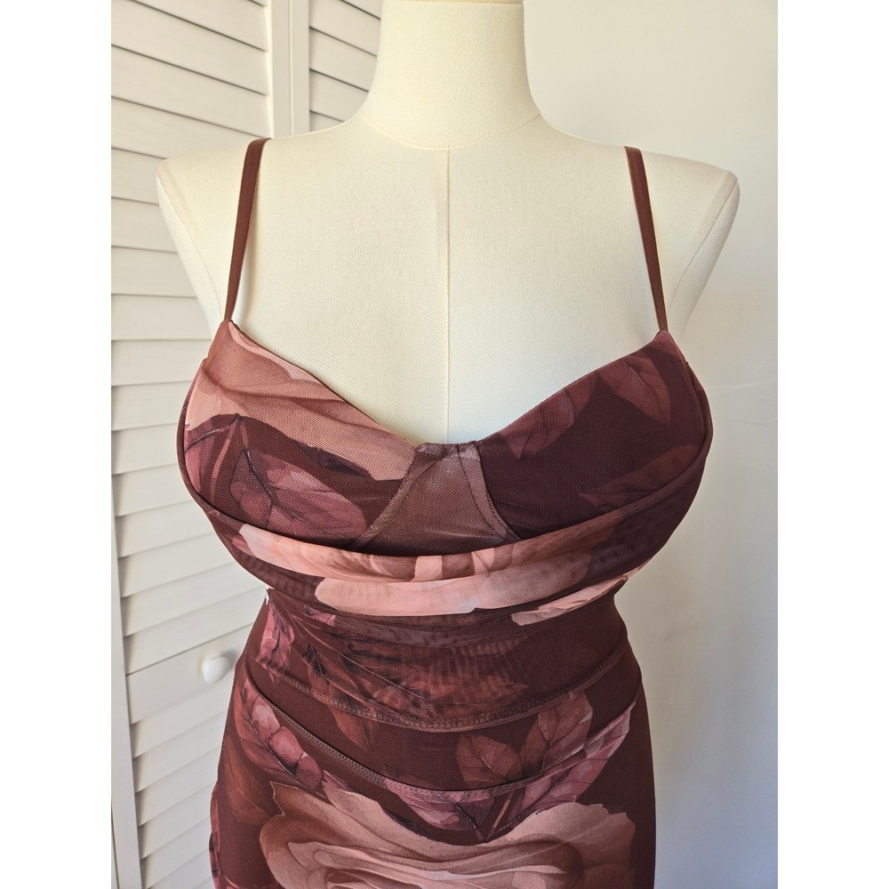Madden Girl Brown Rose Mesh Cutout Midi Dress XL Y2K Romantic Bodycon Cocktail - Picture 2 of 9